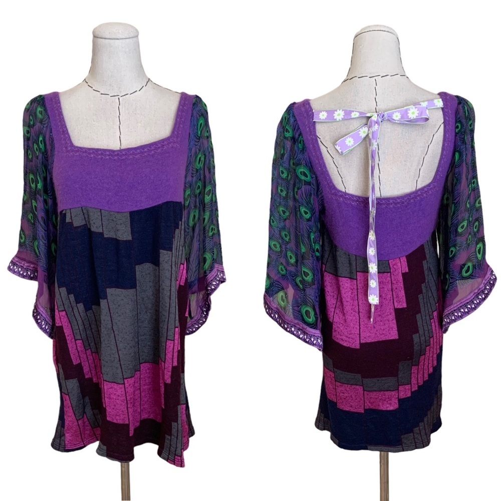 Y2k Custo Barcelona Peacock Tunic Mini Dress Sheer Sleeves Ribbon